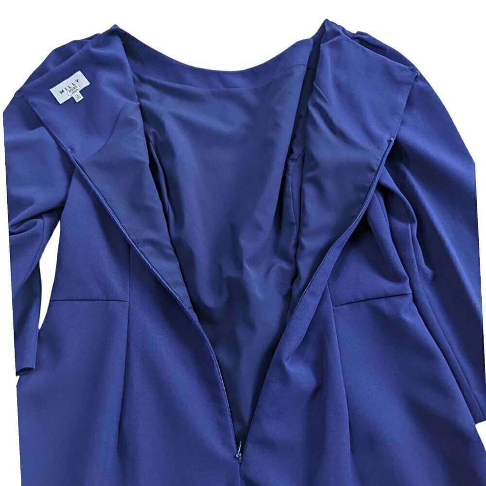 MILLY Clare Indigo Boatneck Puff Sleeve Princess Seam Sheath Mini Dress Size 12 - Picture 7 of 10